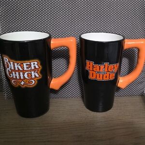 Harley-Davidson Black Mugs with Orange Handles